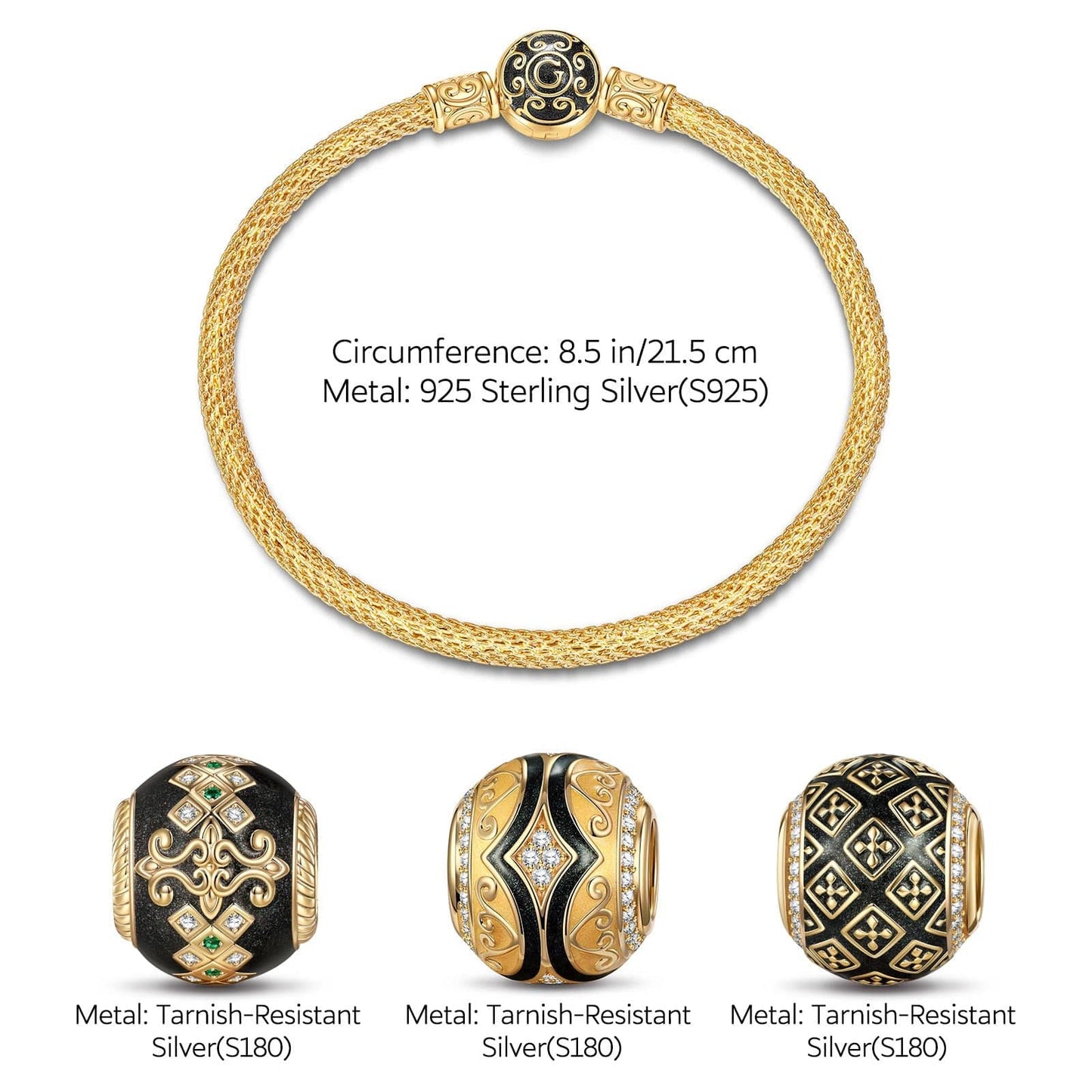 Sterling Silver XL Size Life and Recovery Charms Bracelet Set With Enamel In 14K Gold Plated For Men (Includes bracelet and all charms shown)