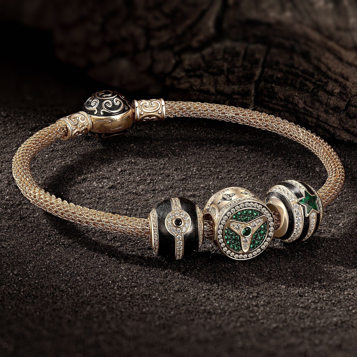 Sterling Silver XL Size StarDrive Charms Bracelet Set With Enamel In 14K Gold Plated For Men (Includes bracelet and all charms shown)