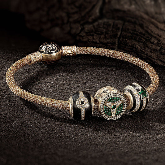 gona- Sterling Silver XL Size StarDrive Charms Bracelet Set With Enamel In 14K Gold Plated For Men (Includes bracelet and all charms shown)