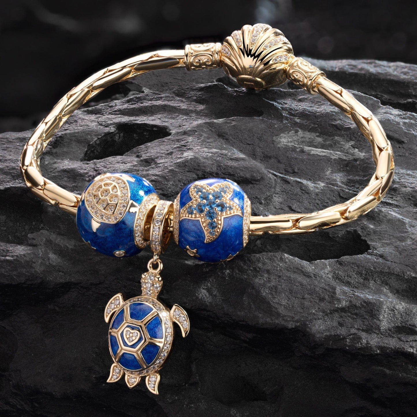 Sterling Silver Sea Turtle Family Charms Bracelet Set With Enamel In 14K Gold Plated (Includes bracelet and all charms shown)