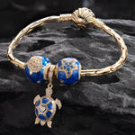 Sterling Silver Sea Turtle Family Charms Bracelet Set With Enamel In 14K Gold Plated (Includes bracelet and all charms shown)