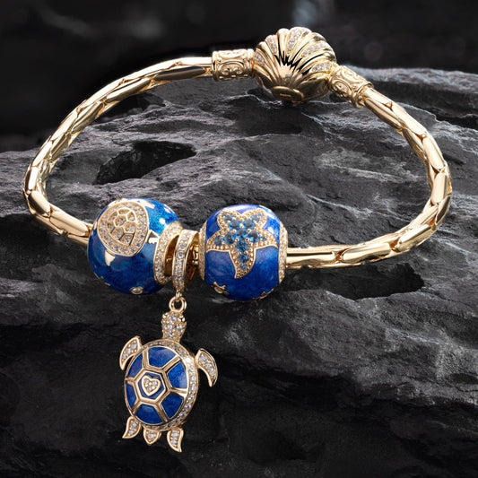 gona- Sterling Silver Sea Turtle Family Charms Bracelet Set With Enamel In 14K Gold Plated (Includes bracelet and all charms shown)