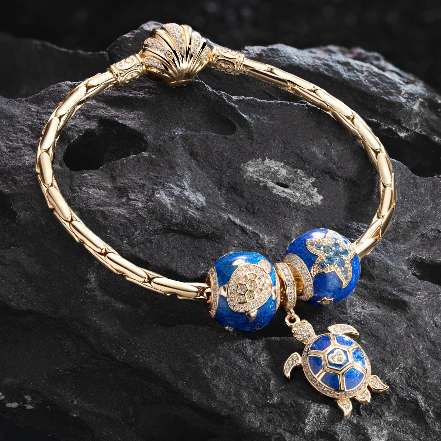 Sterling Silver Sea Turtle Family Charms Bracelet Set With Enamel In 14K Gold Plated (Includes bracelet and all charms shown)