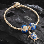 Sterling Silver Sea Turtle Family Charms Bracelet Set With Enamel In 14K Gold Plated (Includes bracelet and all charms shown)