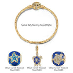 Sterling Silver Sea Turtle Family Charms Bracelet Set With Enamel In 14K Gold Plated (Includes bracelet and all charms shown)