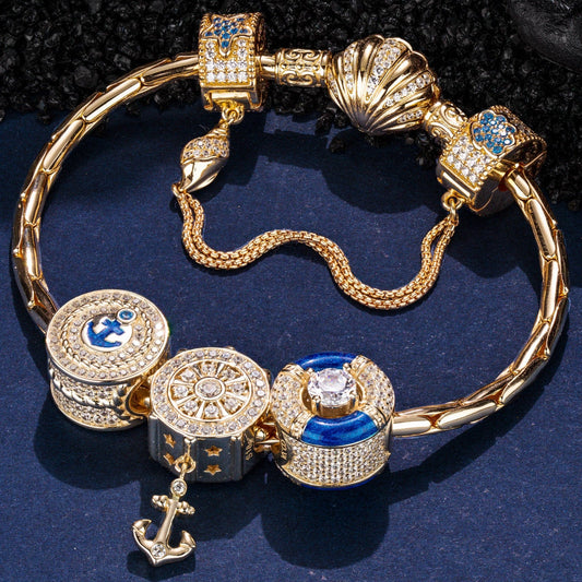 gona- Sterling Silver The captain And His Sailors Charms Bracelet Set With Enamel In 14K Gold Plated (Includes bracelet and all charms shown)