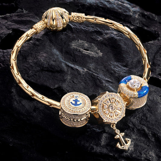 gona- Sterling Silver The captain And His Sailors Charms Bracelet Set With Enamel In 14K Gold Plated (Includes bracelet and all charms shown)