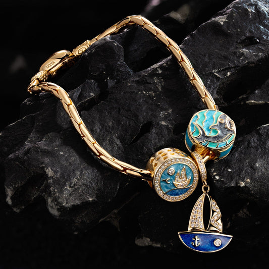 gona- Sterling Silver Voyage Charms Bracelet Set With Enamel In 14K Gold Plated (Includes bracelet and all charms shown)