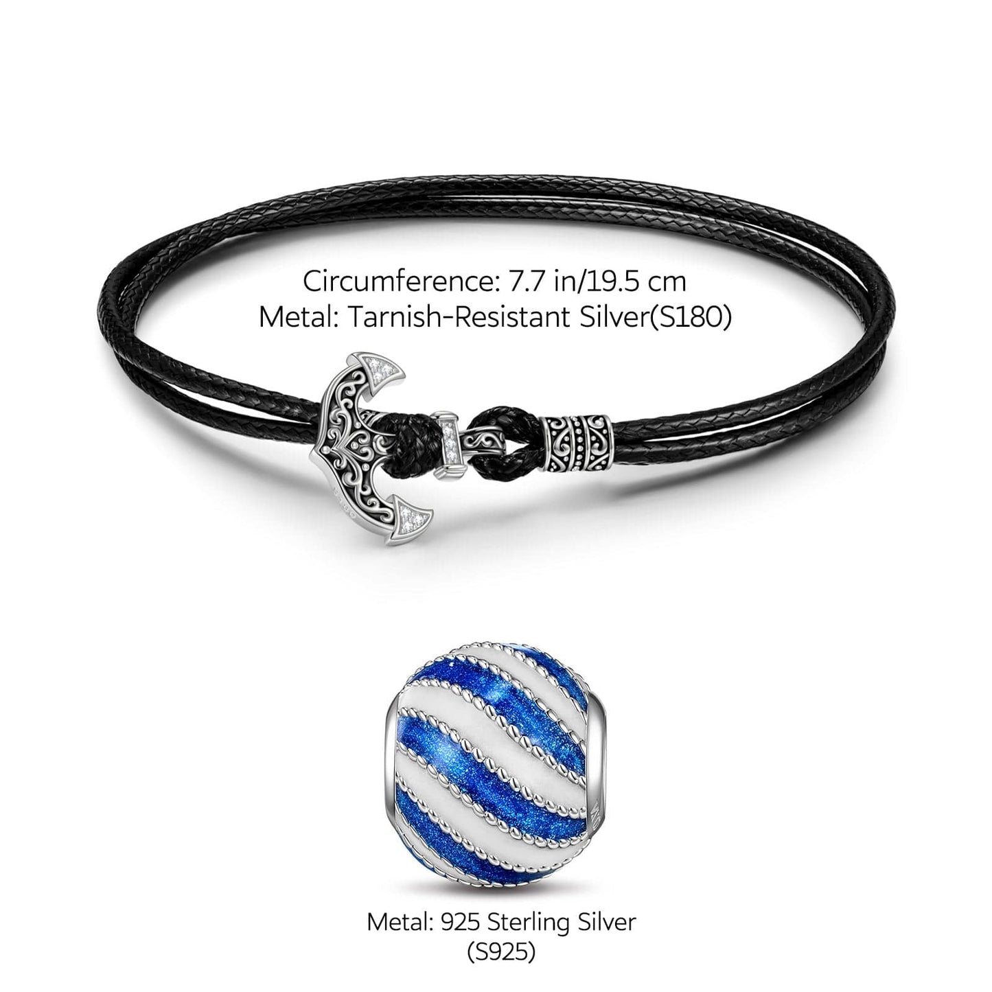 Sterling Silver Surfing Leather Charms Bracelet Set With Enamel In White Gold Plated (Includes bracelet and all charms shown)