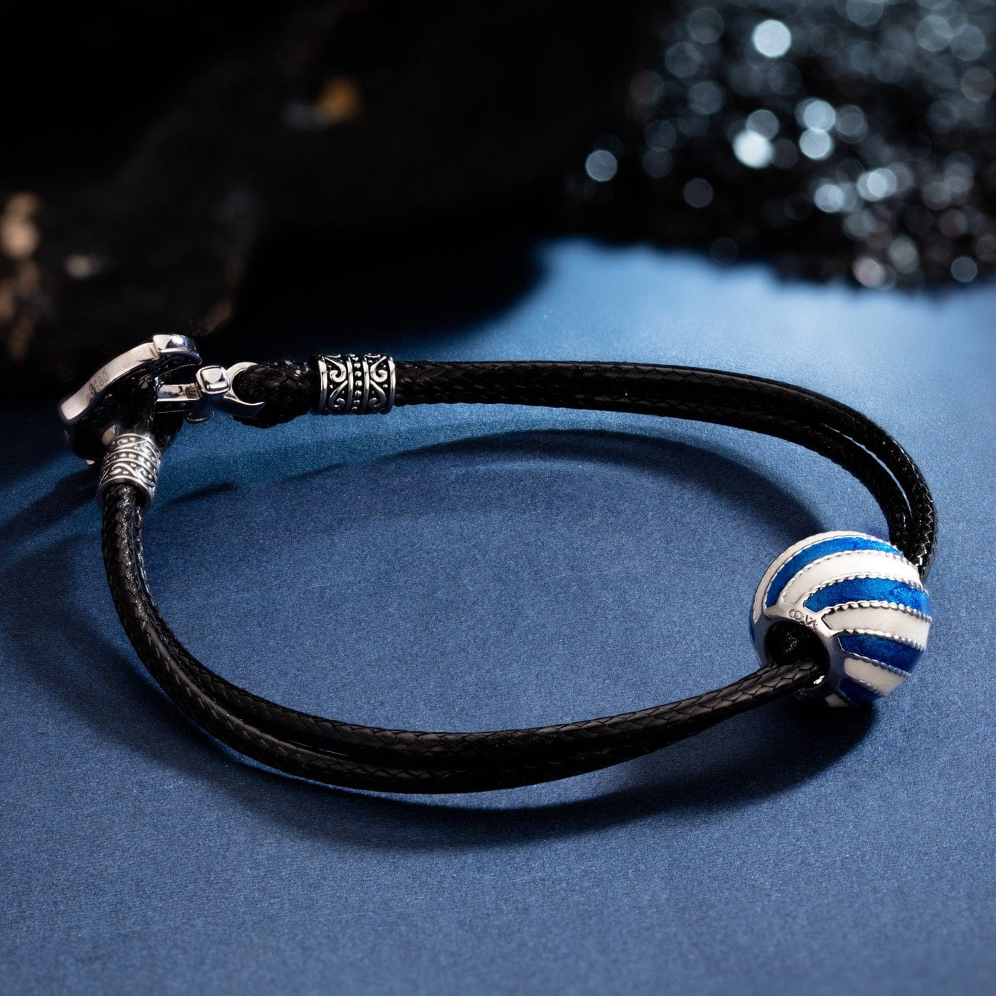 Sterling Silver Surfing Leather Charms Bracelet Set With Enamel In White Gold Plated (Includes bracelet and all charms shown)