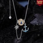 Sterling Silver Anchor And Helm Charms Necklace Set With Enamel, Featuring Dual Plating in White Gold and 14K Gold