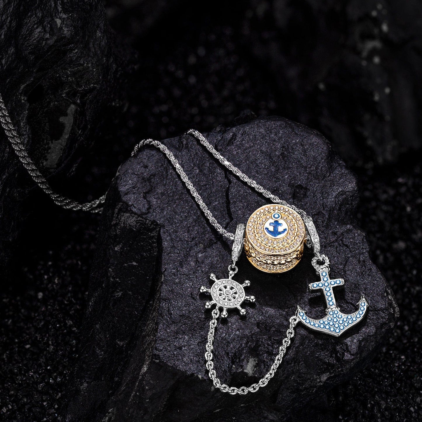 Sterling Silver Anchor And Helm Charms Necklace Set With Enamel, Featuring Dual Plating in White Gold and 14K Gold