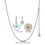 Sterling Silver Anchor And Helm Charms Necklace Set With Enamel, Featuring Dual Plating in White Gold and 14K Gold