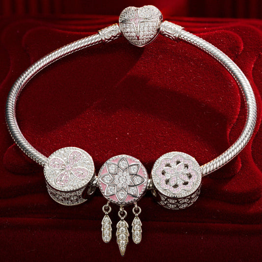 gona- Sterling Silver Lucky Girl Charms Bracelet Set With Enamel In White Gold Plated (Includes bracelet and all charms shown)