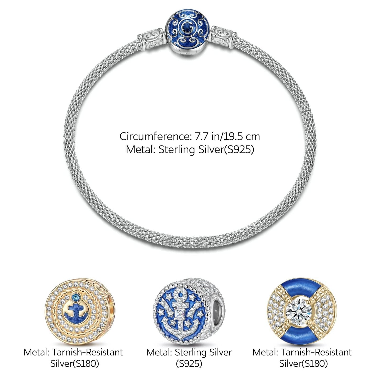 Sterling Silver Sailing Expedition Charms Bracelet Set With Enamel In White Gold Plated (Includes bracelet and all charms shown)
