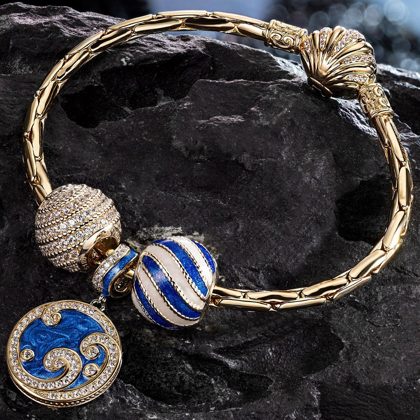 [💥As @anlena_ea's Pick] Sterling Silver Blue Ocean Waves Charms Bracelet Set With Enamel In 14K Gold Plated (Includes bracelet and all charms shown)