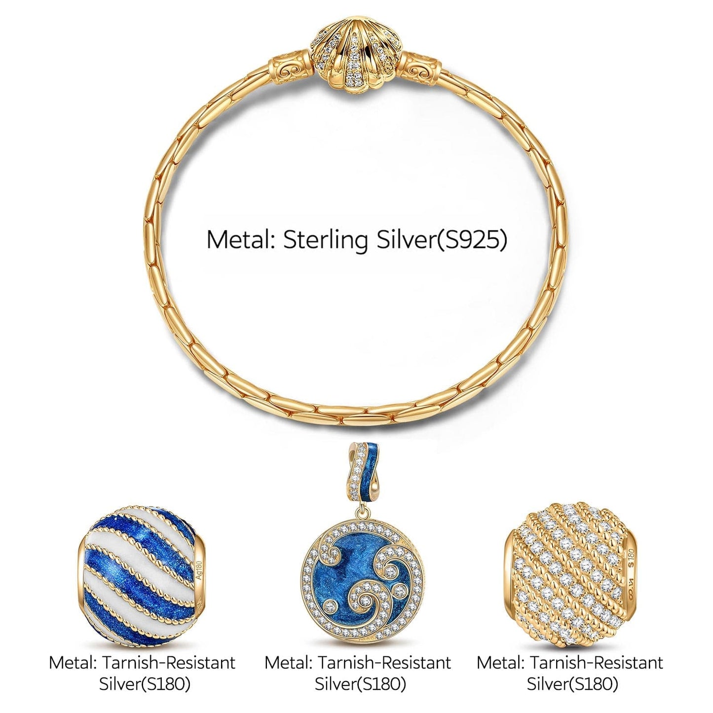 [💥As @anlena_ea's Pick] Sterling Silver Blue Ocean Waves Charms Bracelet Set With Enamel In 14K Gold Plated (Includes bracelet and all charms shown)