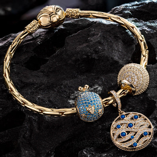 gona- Sterling Silver Playful Narwhal Charms Bracelet Set With Enamel In 14K Gold Plated (Includes bracelet and all charms shown)