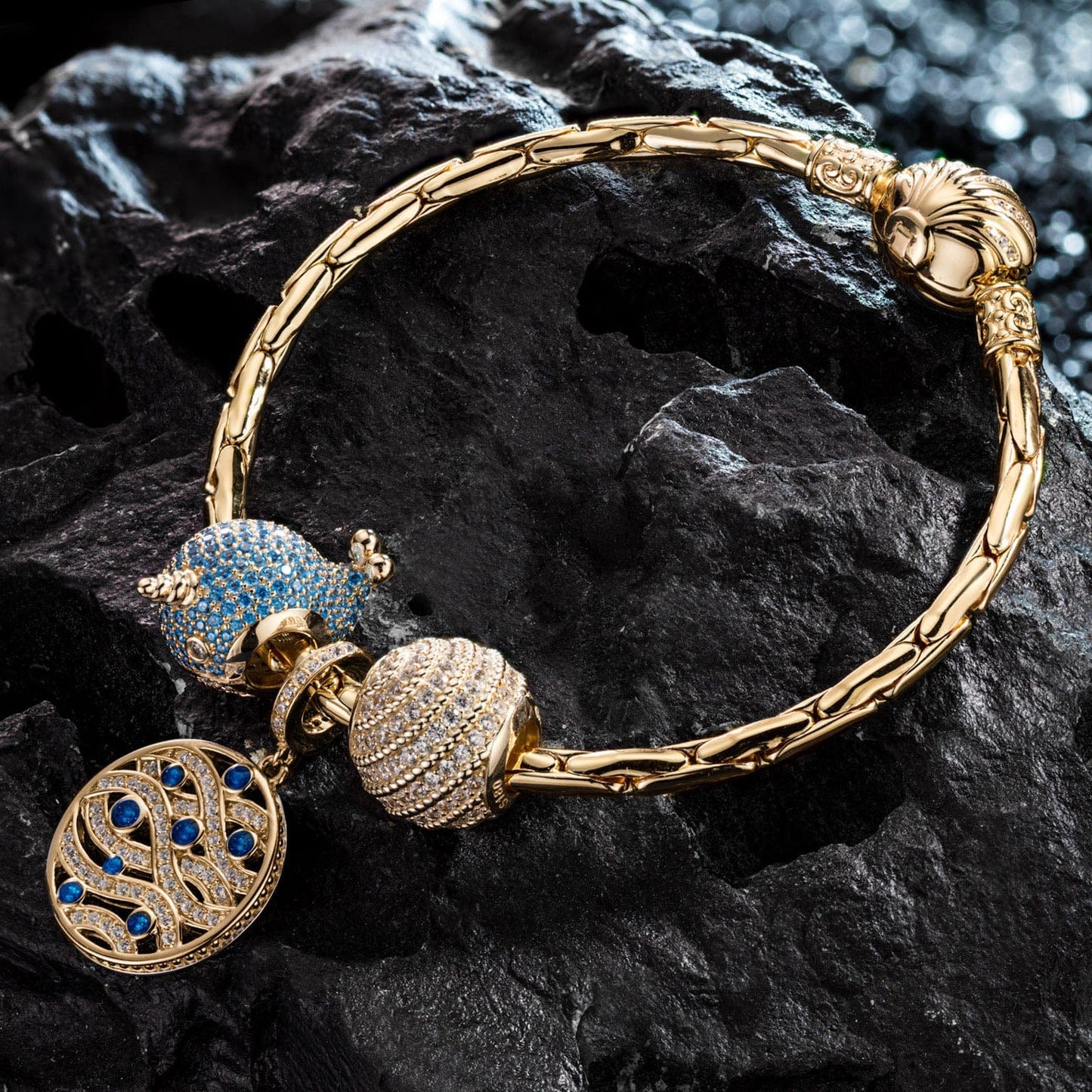 Sterling Silver Playful Narwhal Charms Bracelet Set With Enamel In 14K Gold Plated (Includes bracelet and all charms shown)