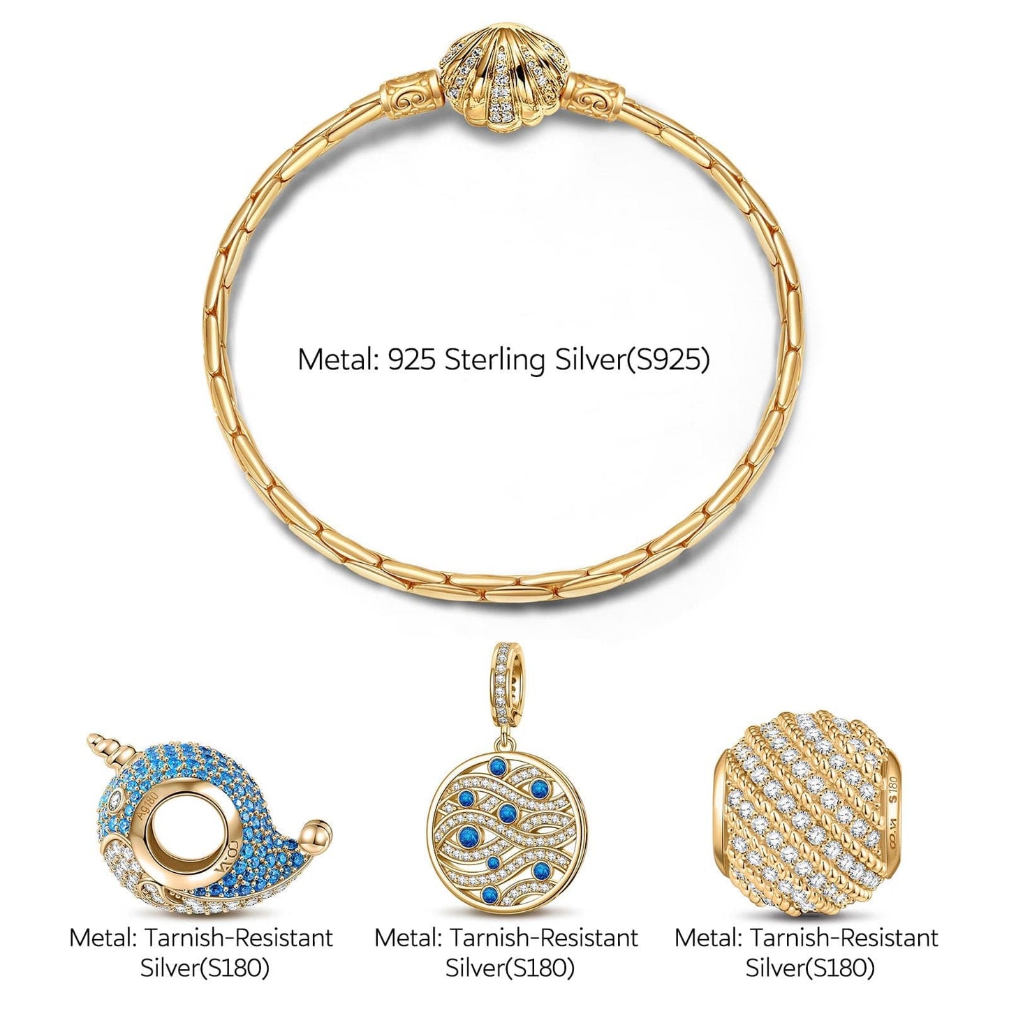 Sterling Silver Playful Narwhal Charms Bracelet Set With Enamel In 14K Gold Plated (Includes bracelet and all charms shown)