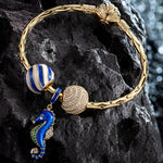 Sterling Silver Seahorse By Wave Charms Bracelet Set With Enamel In 14K Gold Plated (Includes bracelet and all charms shown)