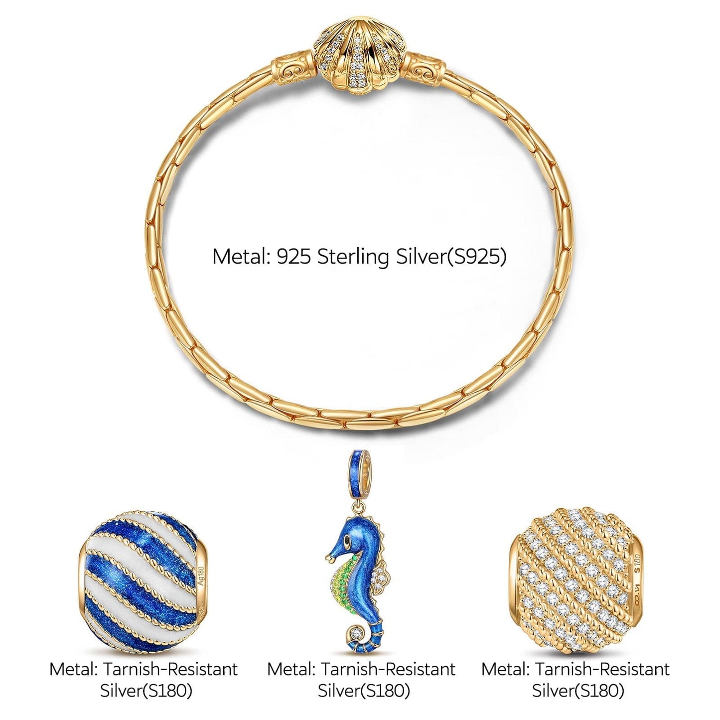 Sterling Silver Seahorse By Wave Charms Bracelet Set With Enamel In 14K Gold Plated (Includes bracelet and all charms shown)