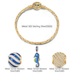Sterling Silver Seahorse By Wave Charms Bracelet Set With Enamel In 14K Gold Plated (Includes bracelet and all charms shown)