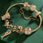 Sterling Silver Golden Animals Charms Bracelet Set With Enamel In 14K Gold Plated (Includes bracelet and all charms shown)