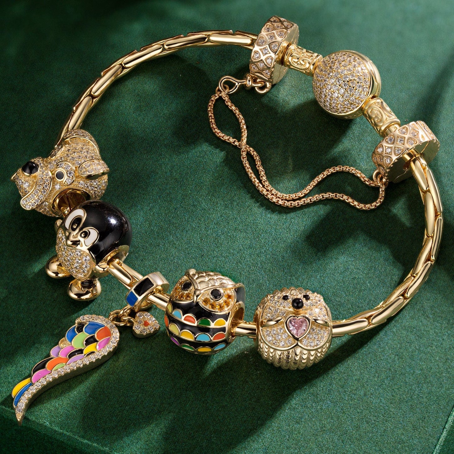 Sterling Silver Golden Animals Charms Bracelet Set With Enamel In 14K Gold Plated (Includes bracelet and all charms shown)