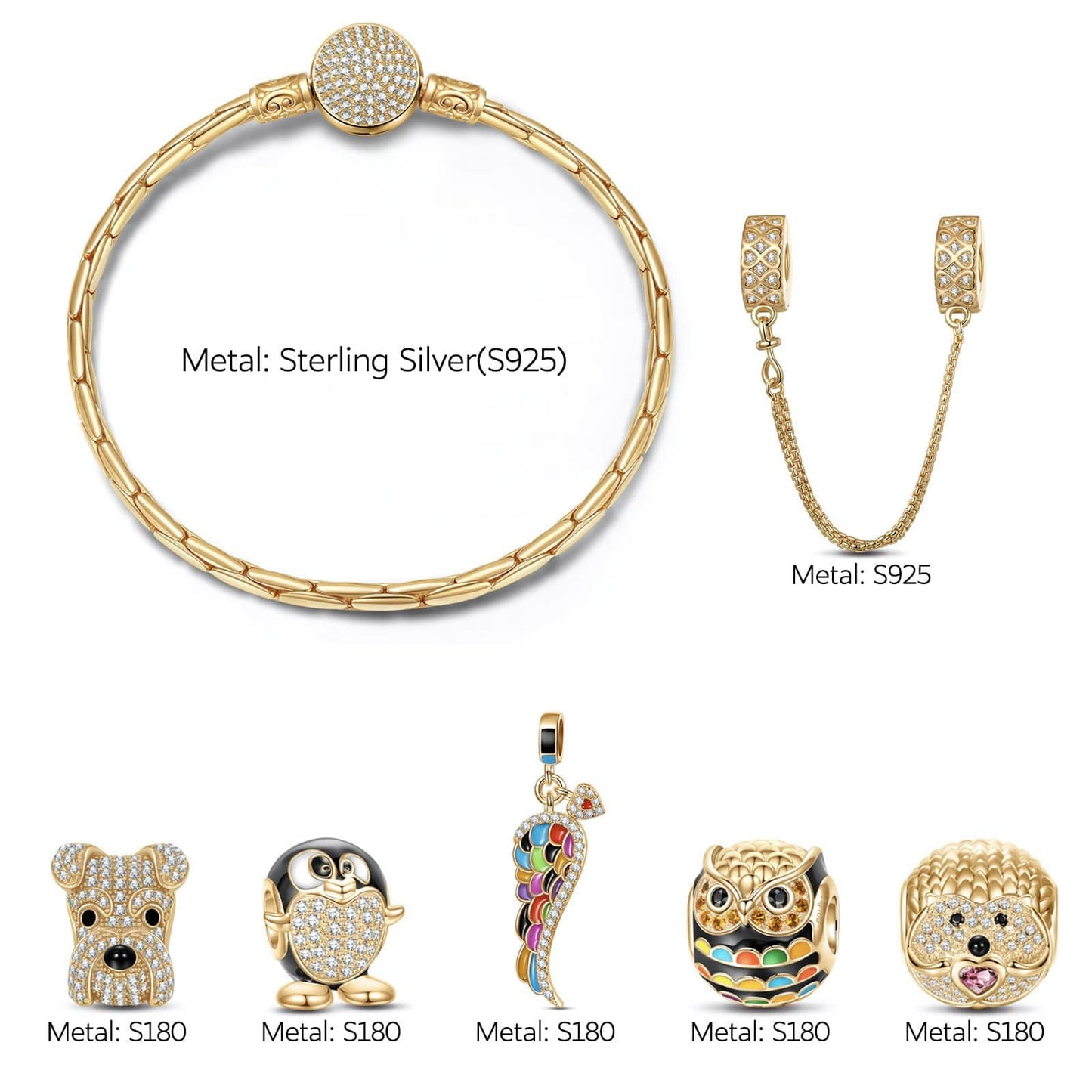 Sterling Silver Golden Animals Charms Bracelet Set With Enamel In 14K Gold Plated (Includes bracelet and all charms shown)