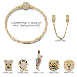 Sterling Silver Golden Animals Charms Bracelet Set With Enamel In 14K Gold Plated (Includes bracelet and all charms shown)