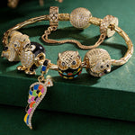 Sterling Silver Golden Animals Charms Bracelet Set With Enamel In 14K Gold Plated (Includes bracelet and all charms shown)