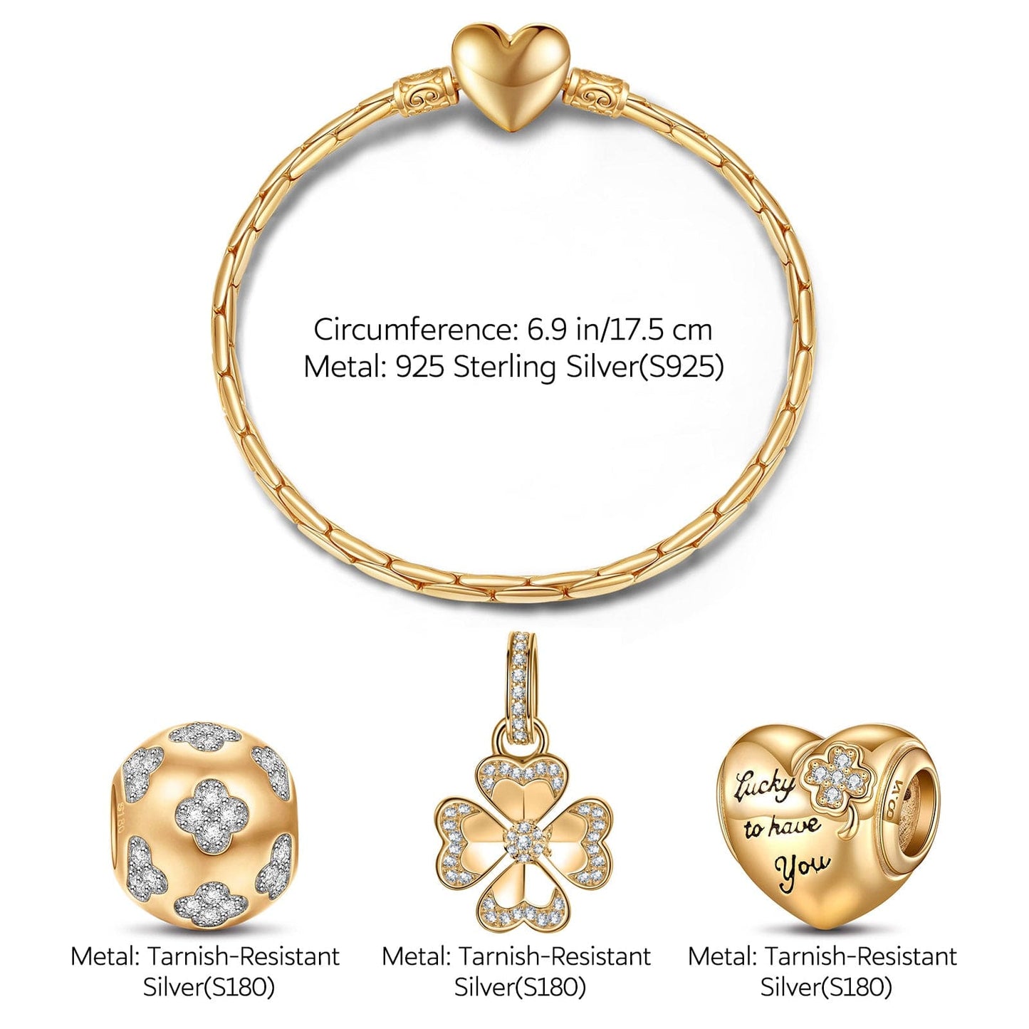 Sterling Silver Lucky Clover Charms Bracelet Set In 14K Gold Plated (Includes bracelet and all charms shown)