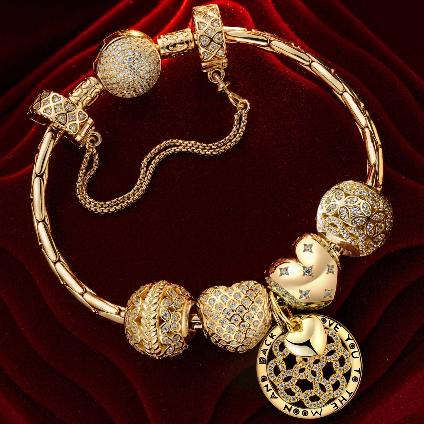 Sterling Silver Sweet Love Charms Bracelet Set In 14K Gold Plated (Includes bracelet and all charms shown)