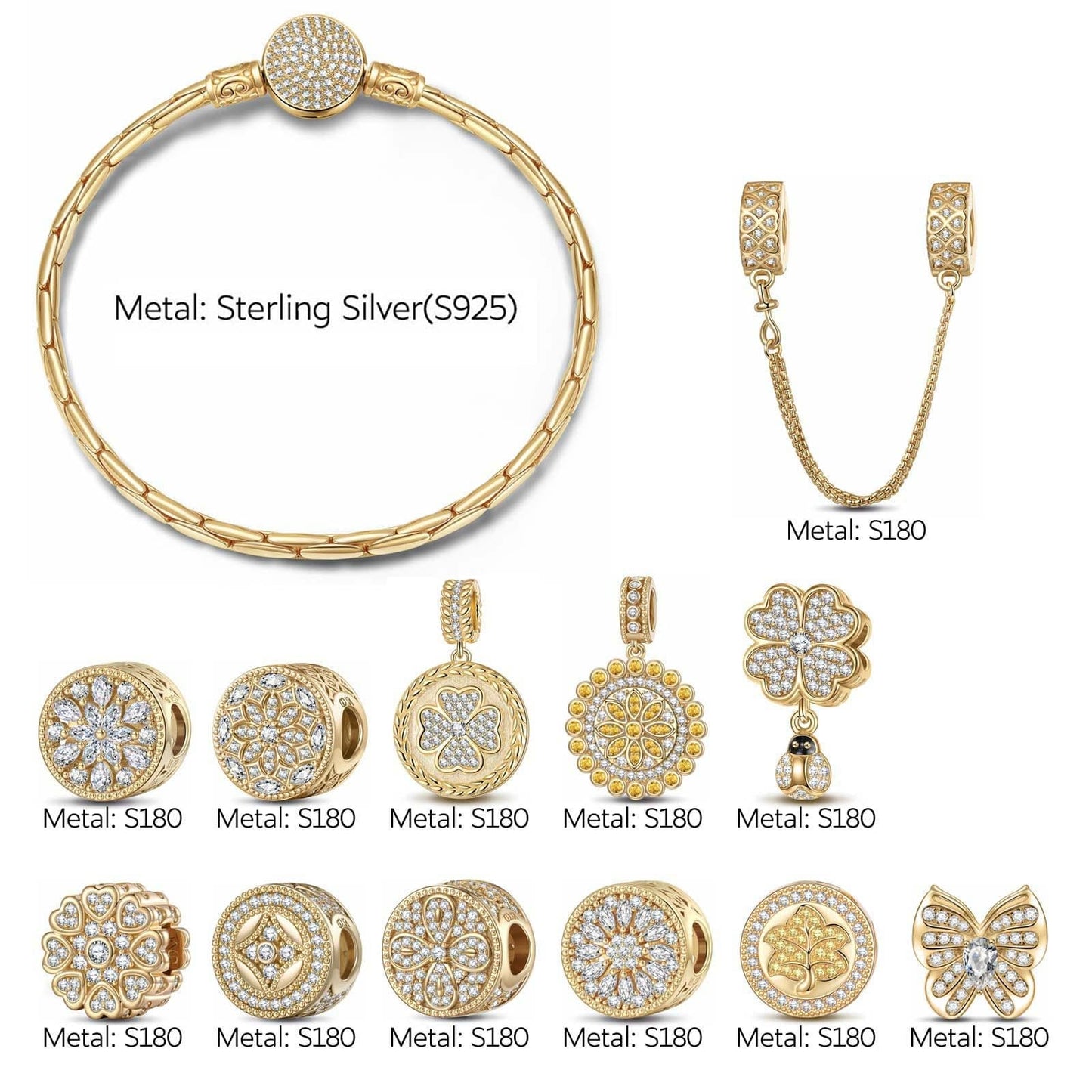 Sterling Silver The Garden Adventure Charms Bracelet Set With Enamel In 14K Gold Plated (Includes bracelet and all charms shown)