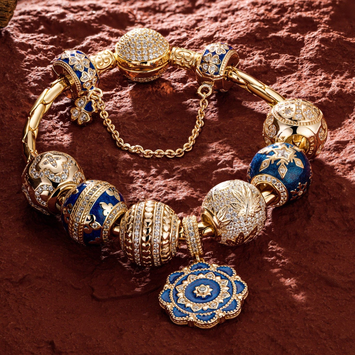 Sterling Silver Versailles Ball Charms Bracelet Set With Enamel In 14K Gold Plated (Includes bracelet and all charms shown)