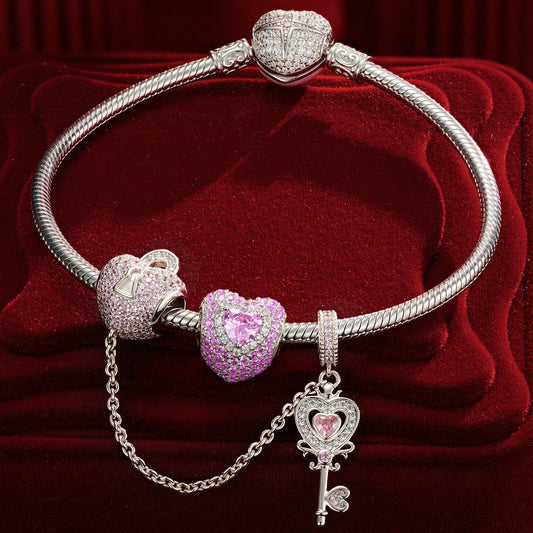 gona- Sterling Silver Romantic Love Charms Bracelet Set With Enamel In White Gold Plated (Includes bracelet and all charms shown)