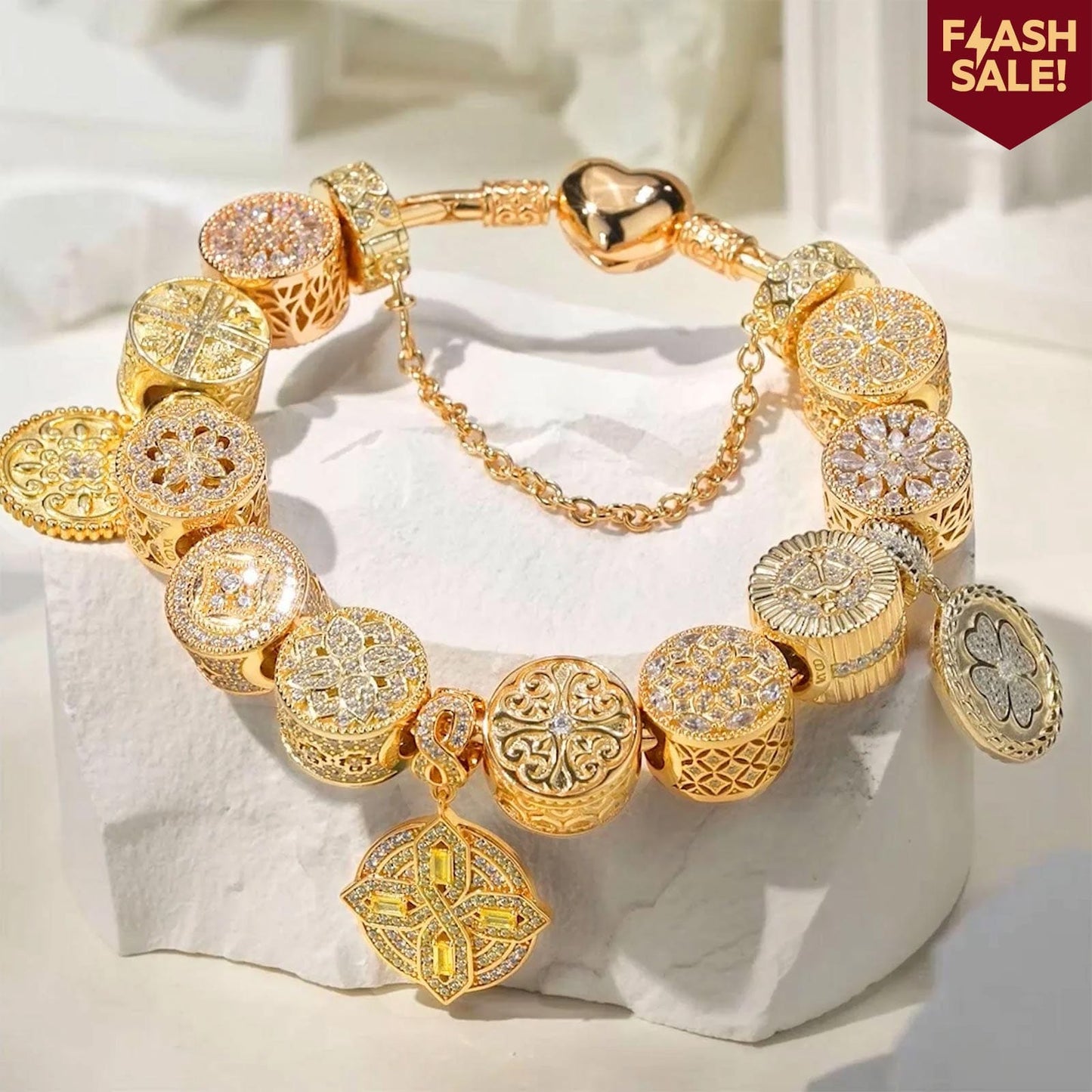Sterling Silver A Journey Through Time Charms Bracelet Set In 14K Gold Plated (Includes bracelet and all charms shown)