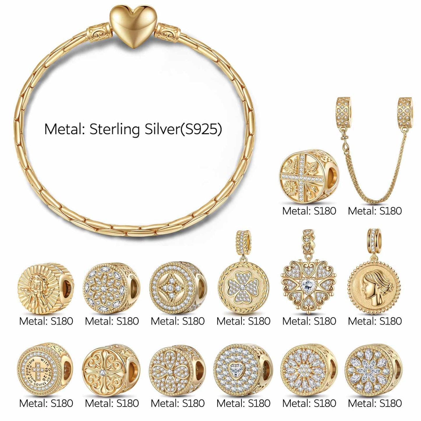 Sterling Silver A Journey Through Time Charms Bracelet Set In 14K Gold Plated (Includes bracelet and all charms shown)