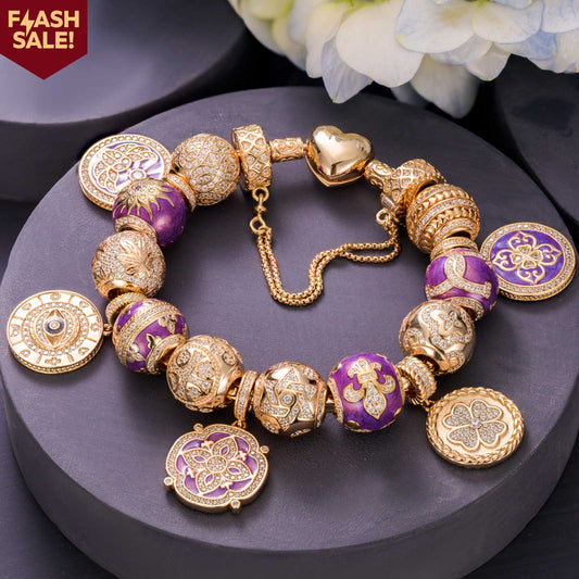 gona- Sterling Silver Purple Romantic Charms Bracelet Set With Enamel In 14K Gold Plated (Includes bracelet and all charms shown)
