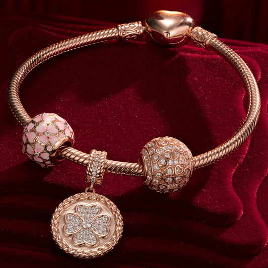 gona- Sterling Silver Passionate Petals Charms Bracelet Set With Enamel In Rose Gold Plated (Includes bracelet and all charms shown)