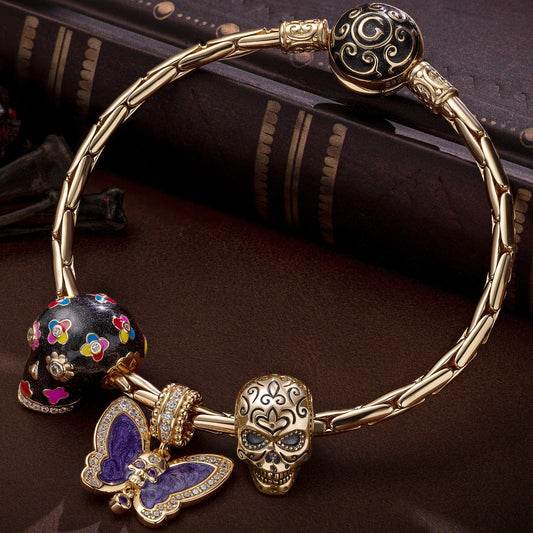 gona- Sterling Silver Butterfly and Skull Charms Bracelet Set With Enamel In 14K Gold Plated (Includes bracelet and all charms shown)