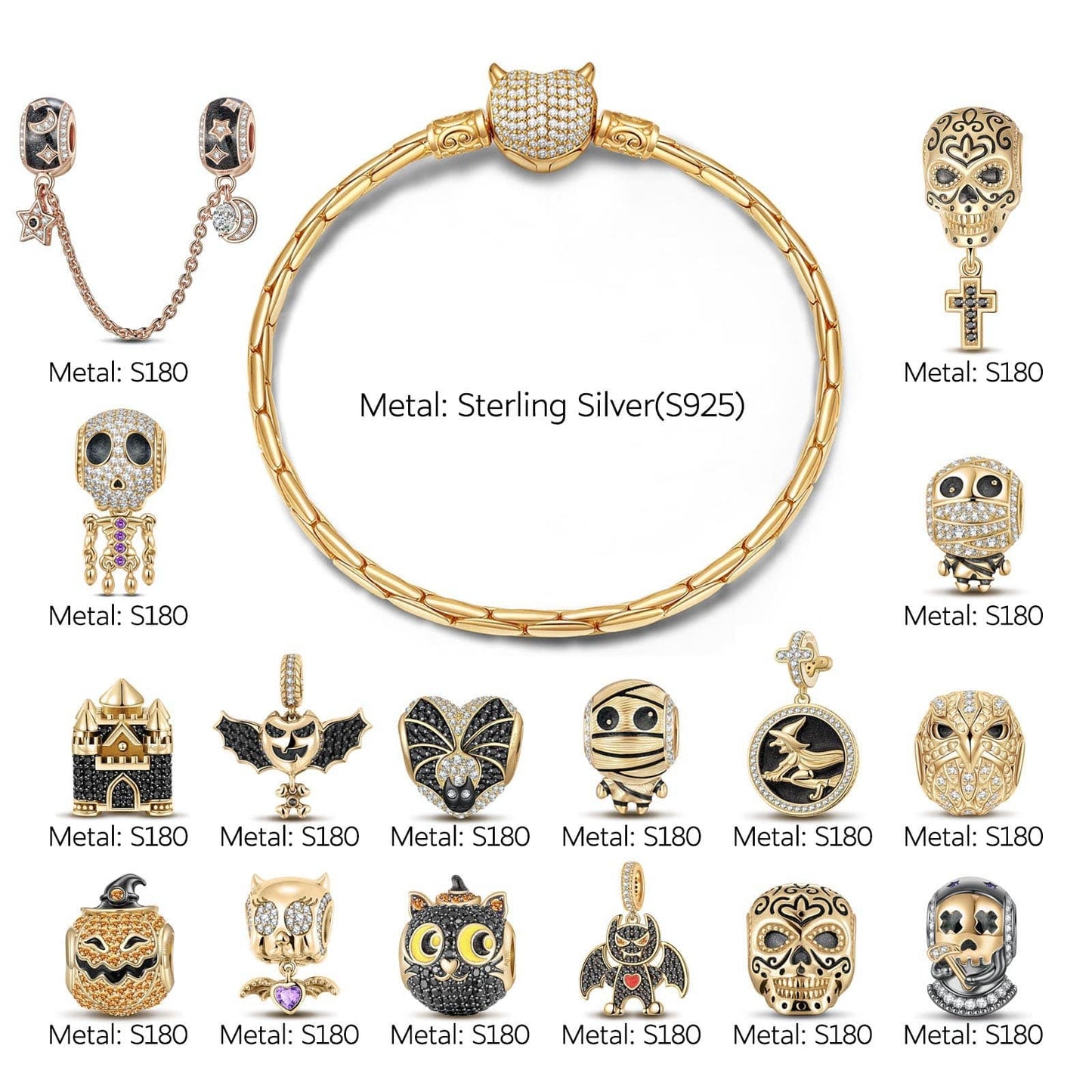 Sterling Silver The Lost Ghostdom Charms Bracelet Set With Enamel In 14K Gold Plated (Includes bracelet and all charms shown)