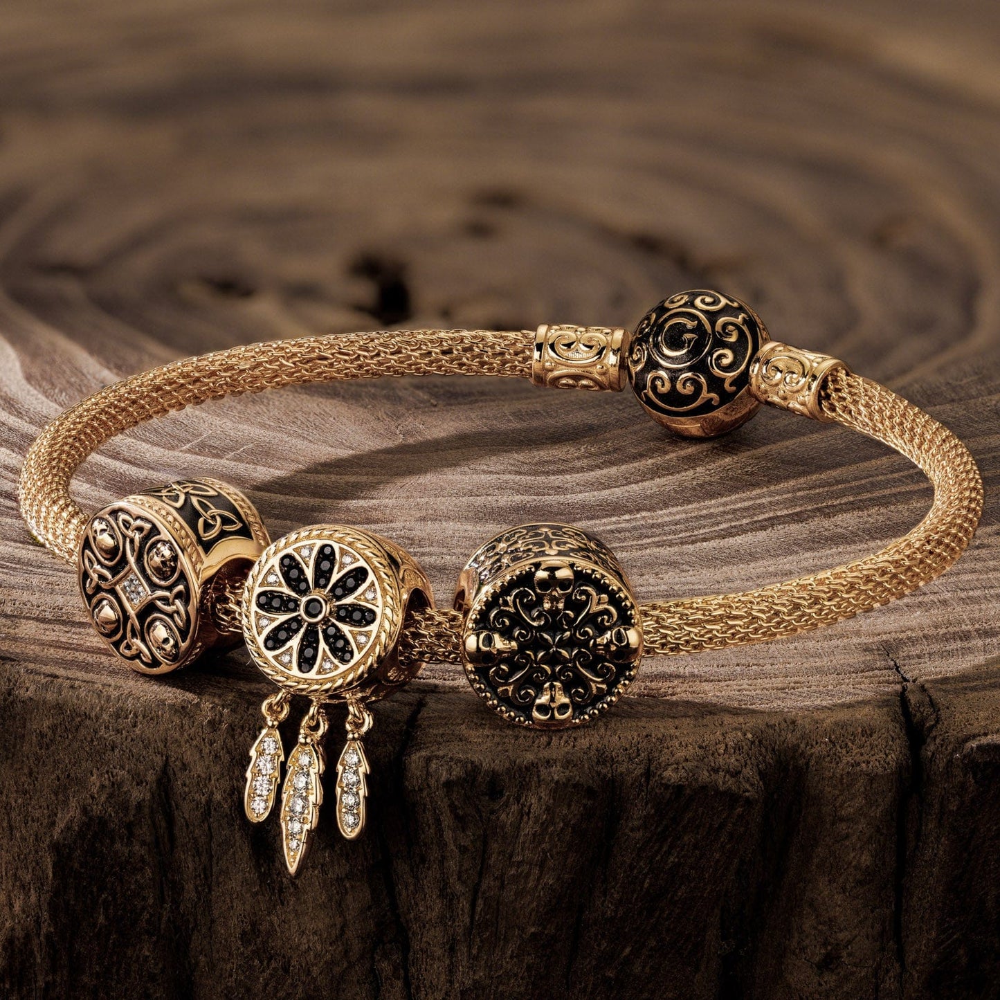 Sterling Silver Skull Runes XL Size Charms Bracelet Set With Enamel In 14K Gold Plated For Men (Includes bracelet and all charms shown)