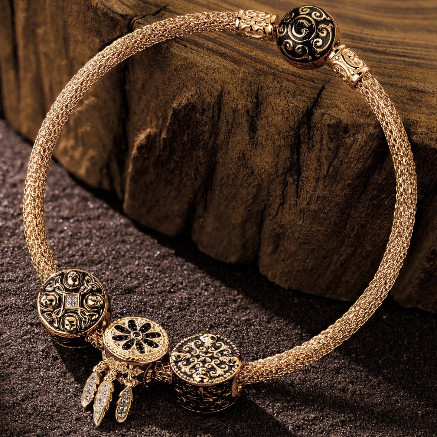 Sterling Silver Skull Runes XL Size Charms Bracelet Set With Enamel In 14K Gold Plated For Men (Includes bracelet and all charms shown)