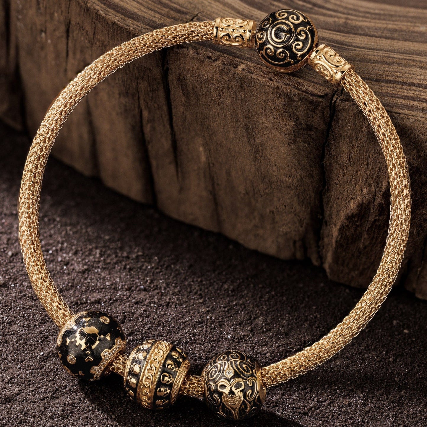 Sterling Silver Skeletal Remnants XL Size Charms Bracelet Set With Enamel In 14K Gold Plated For Men (Includes bracelet and all charms shown)