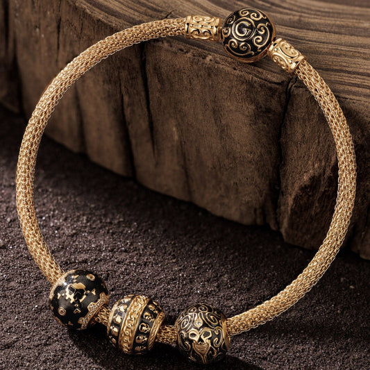 gona- Sterling Silver Skeletal Remnants XL Size Charms Bracelet Set With Enamel In 14K Gold Plated For Men (Includes bracelet and all charms shown)