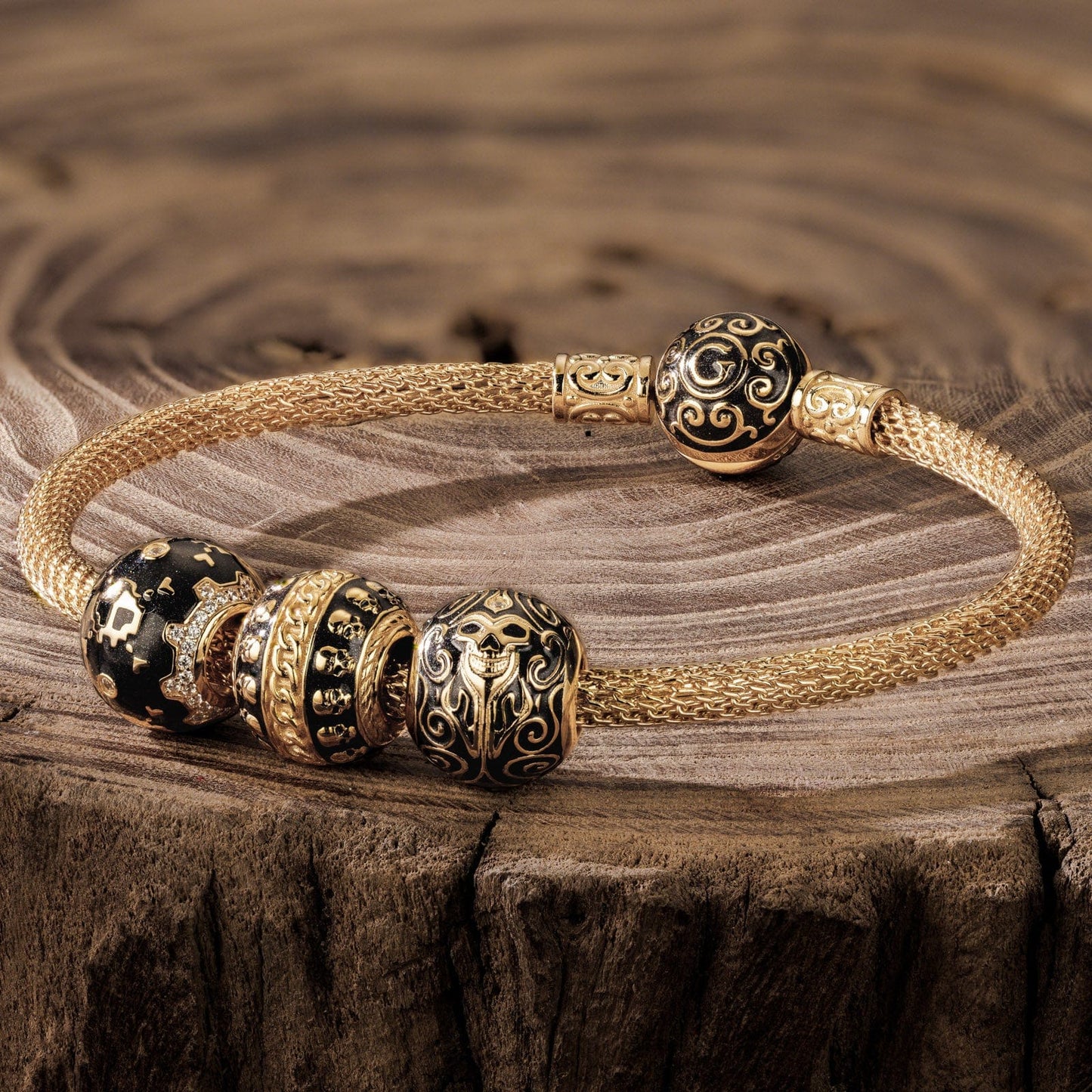 Sterling Silver Skeletal Remnants XL Size Charms Bracelet Set With Enamel In 14K Gold Plated For Men (Includes bracelet and all charms shown)