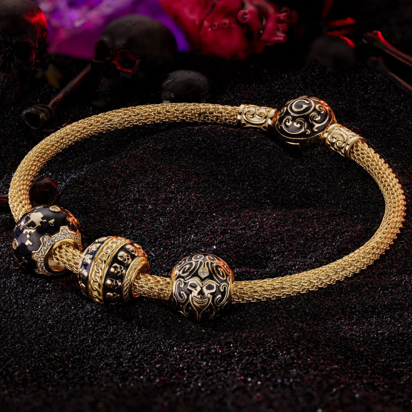 Sterling Silver Skeletal Remnants XL Size Charms Bracelet Set With Enamel In 14K Gold Plated For Men (Includes bracelet and all charms shown)