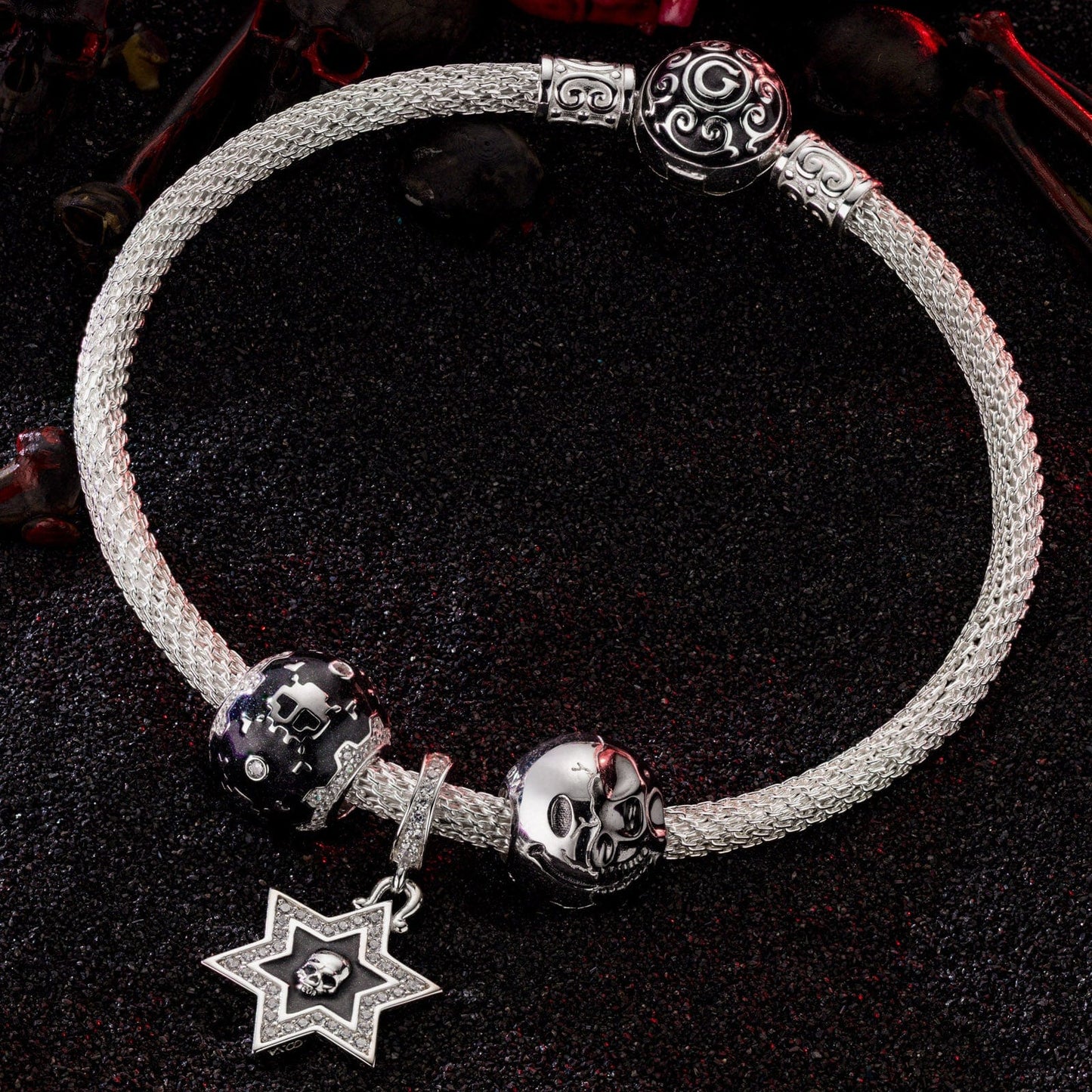 Sterling Silver Conflict and Balance XL Size Charms Bracelet Set With Enamel In White Gold Plated For Men (Includes bracelet and all charms shown)